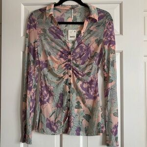 Free People Floral Button-Down Mesh Shirt